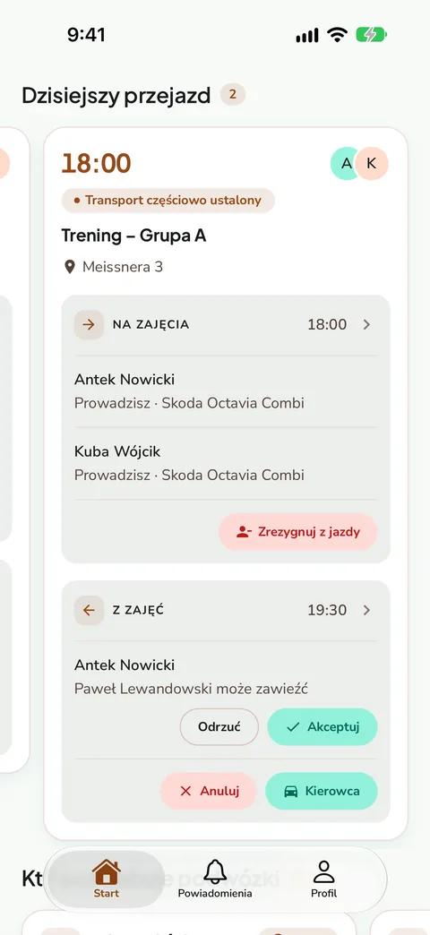 Ekran startowy z ofertą podwózki do akceptacji, dane demonstracyjne
