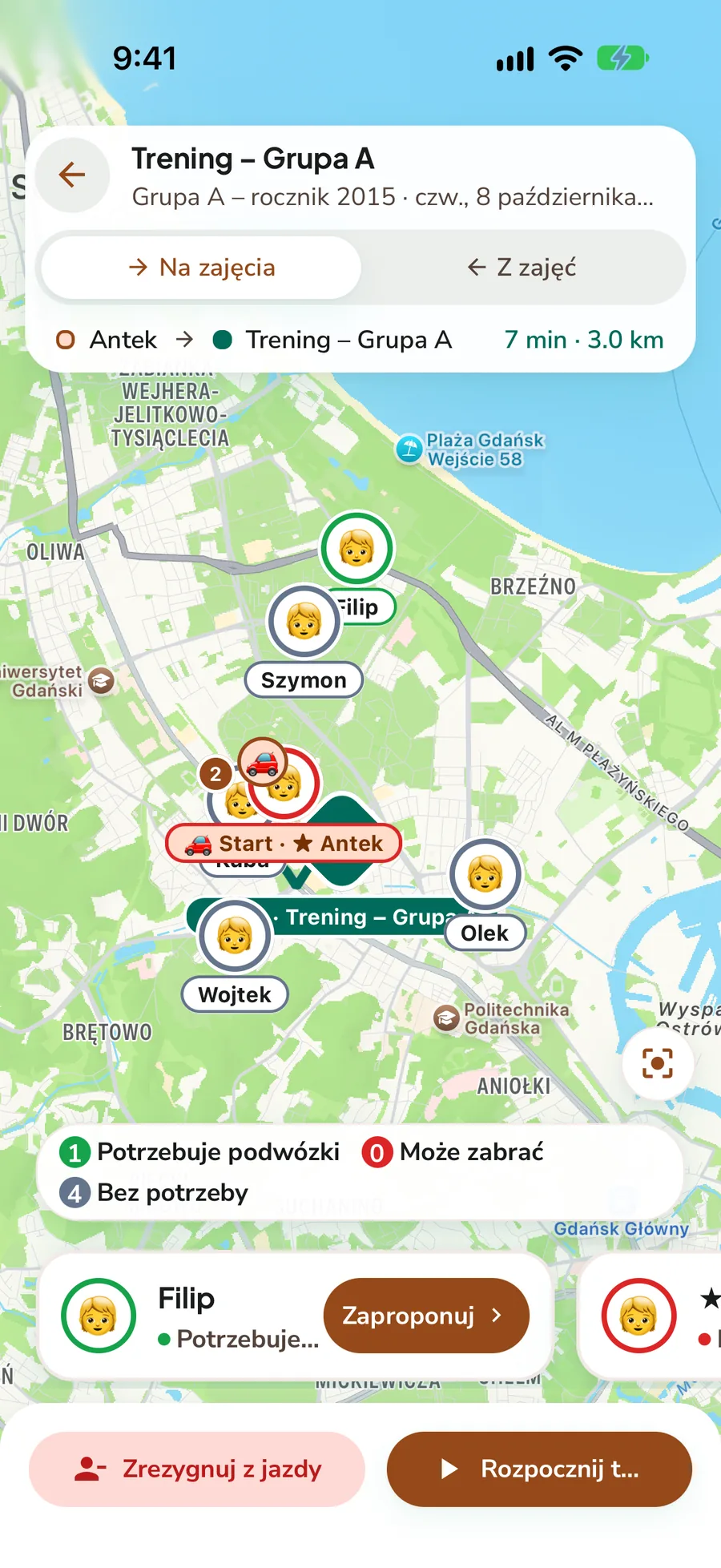 Mapa grupy z dziećmi potrzebującymi podwózki, kierowcą oraz czasem i dystansem dojazdu, dane demonstracyjne