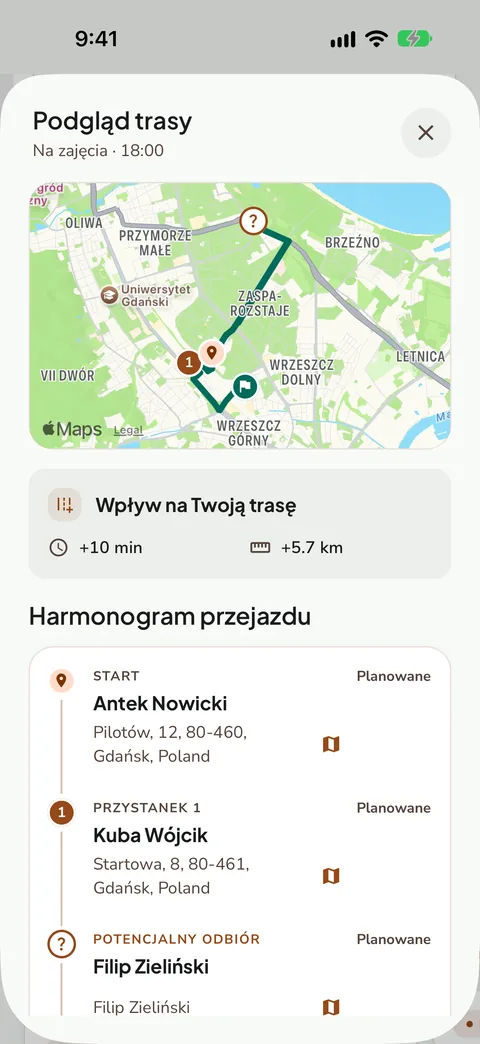 Podgląd trasy z wpływem na trasę kierowcy, dane demonstracyjne