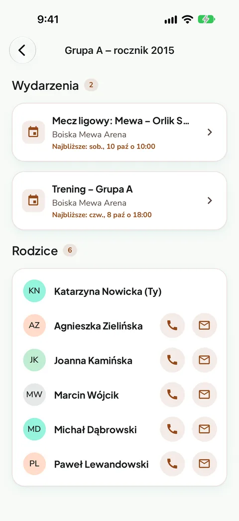 Lista wydarzeń i rodziców w grupie, dane demonstracyjne