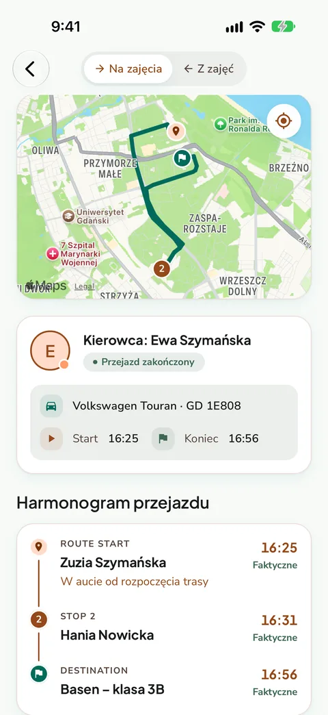 Dziennik przejazdu z kierowcą, autem i godzinami przystanków, dane demonstracyjne