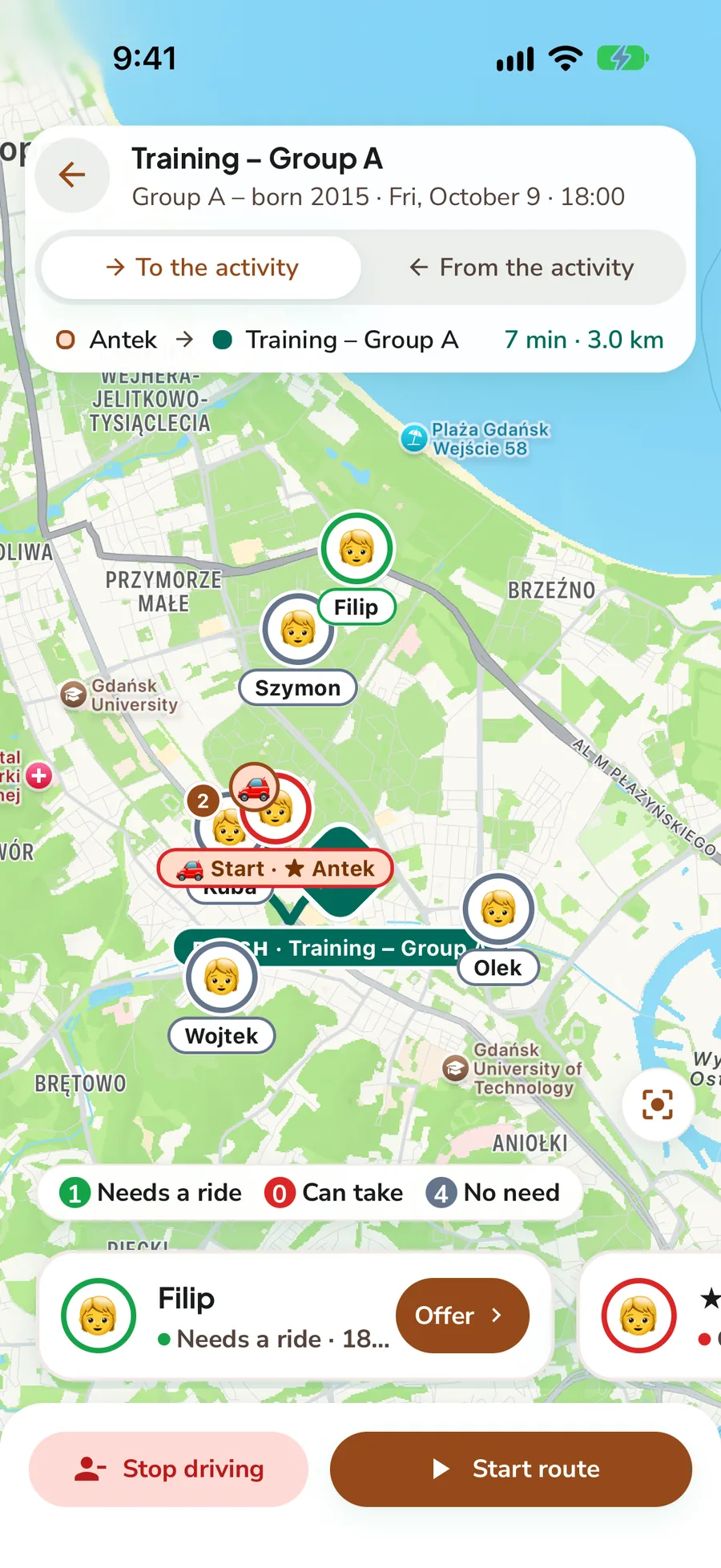 Group map showing children who need a ride, the driver, and the travel time and distance, demo data