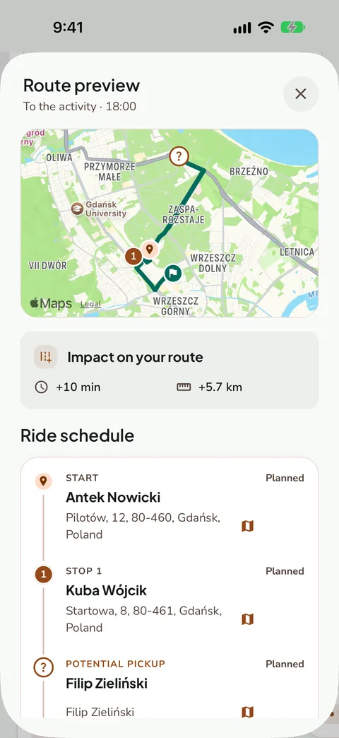 Route preview with the impact on the driver's route, demo data