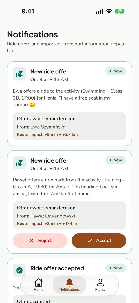 Notifications about new ride offers, demo data