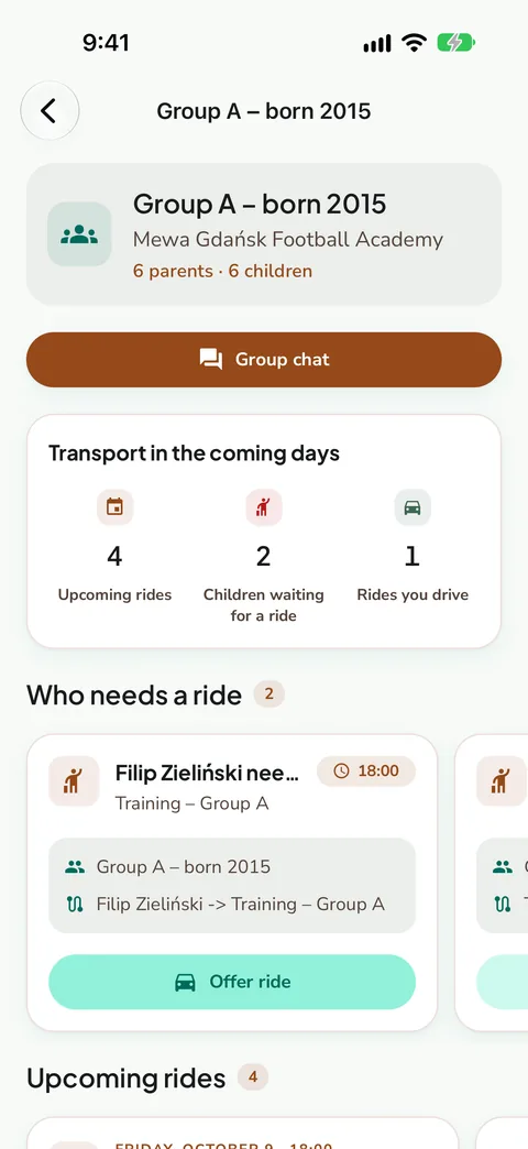 Group screen “Group A – born 2015” with a transport summary for the coming days, demo data
