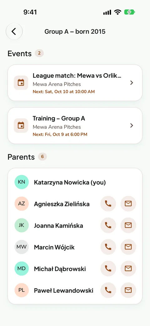 List of group events and parents, demo data