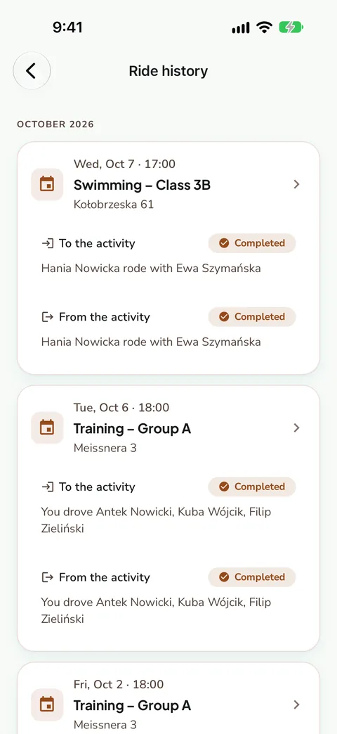 History of completed rides, demo data