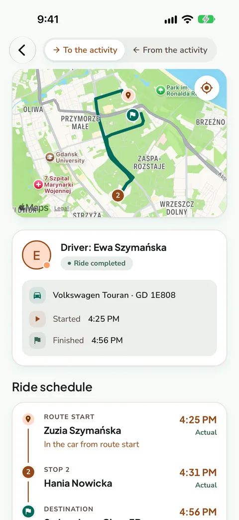 Trip logbook with the driver, car and stop times, demo data