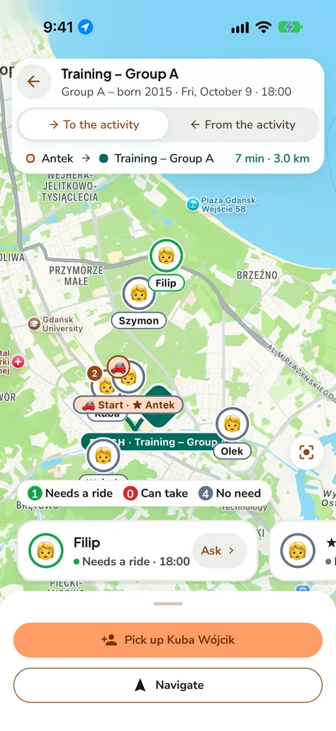 Started route on the group map with the next pickup and a Navigate button, demo data